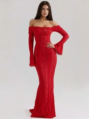 Almond Muse NWT 100% cotton Red lace maxi dress floor length size M.